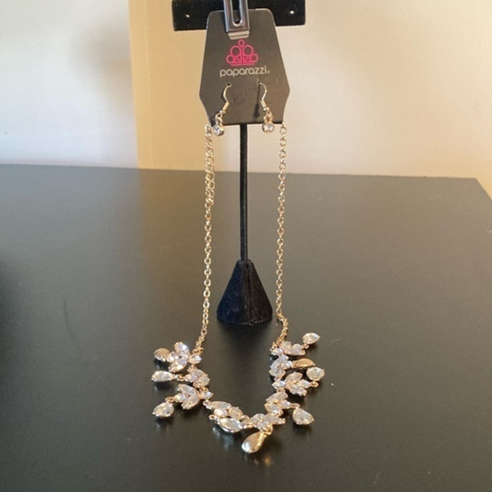 Paparazzi Gold Necklace and Earring Set with Clear Accents
